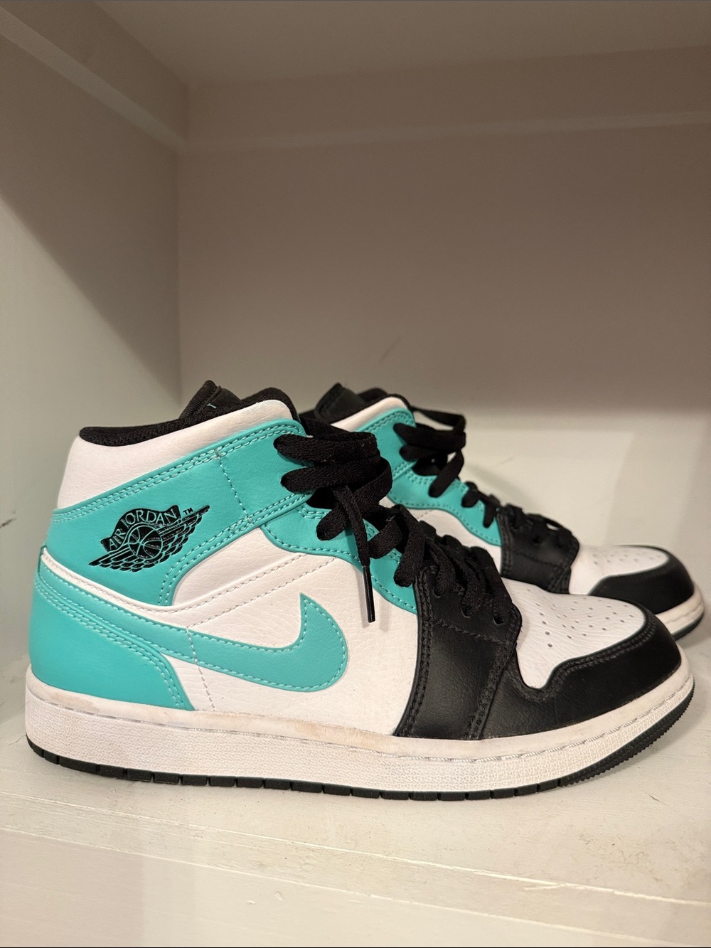 Air Jordan 1 Mid White Black Teal Sneakers. Tropical Twist
